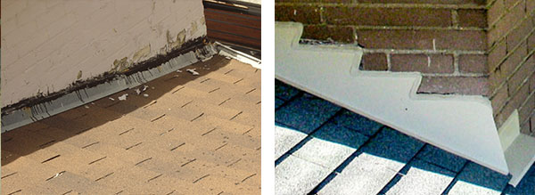 Examples of bad and good flashing, straight and shark tooth, not replaced and replaced.